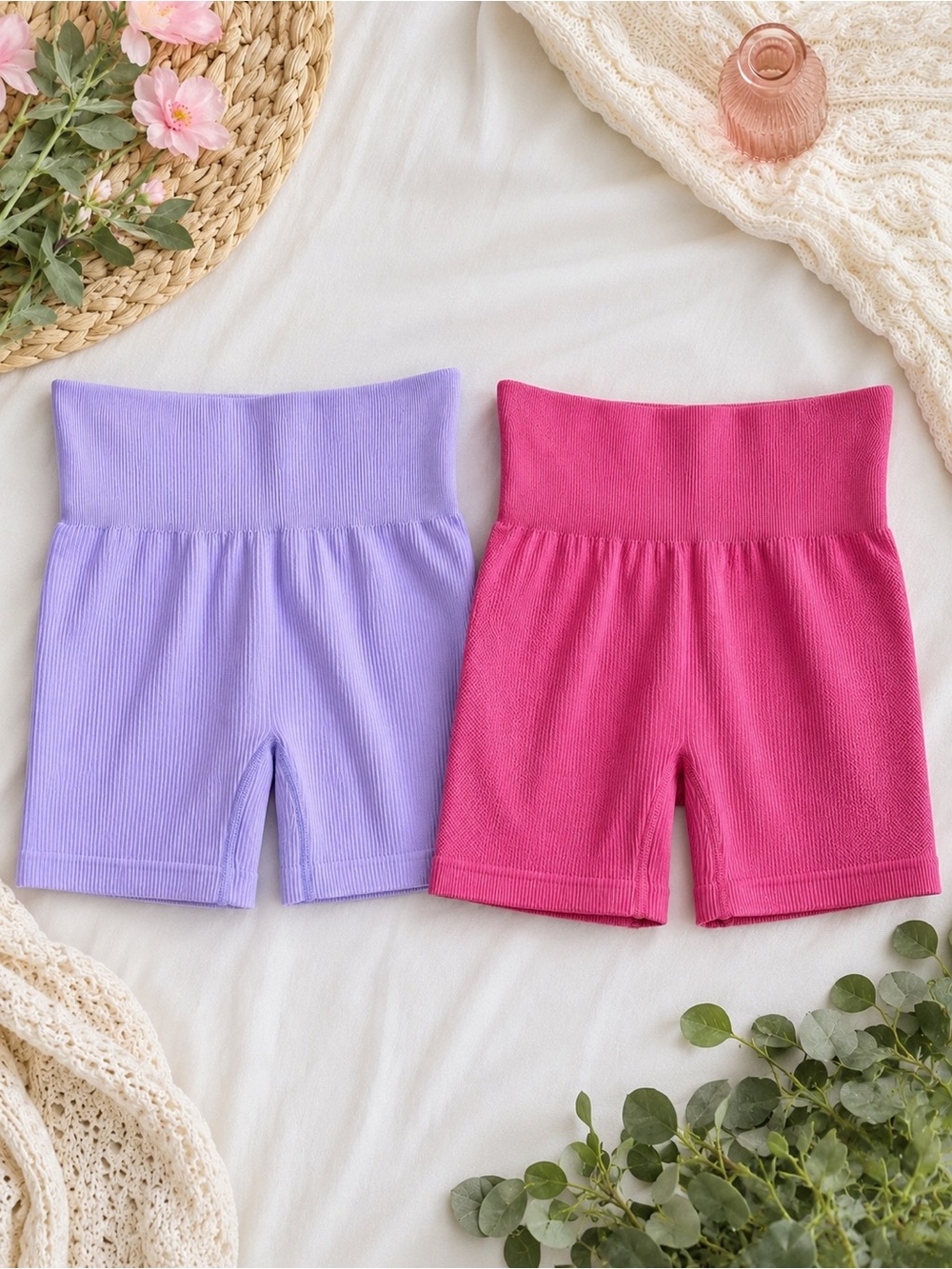 OQQ JoyLab Ribbed High Waist Biker Shorts Bundle 2-Pack Pink Lavender Small